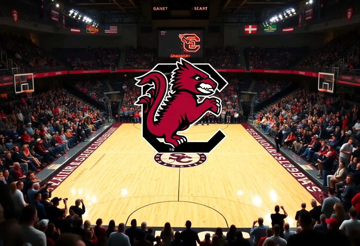 Basketball court with South Carolina Gamecocks logo