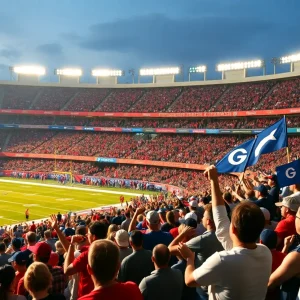 Fans cheering at a college football game for the South Carolina Gamecocks