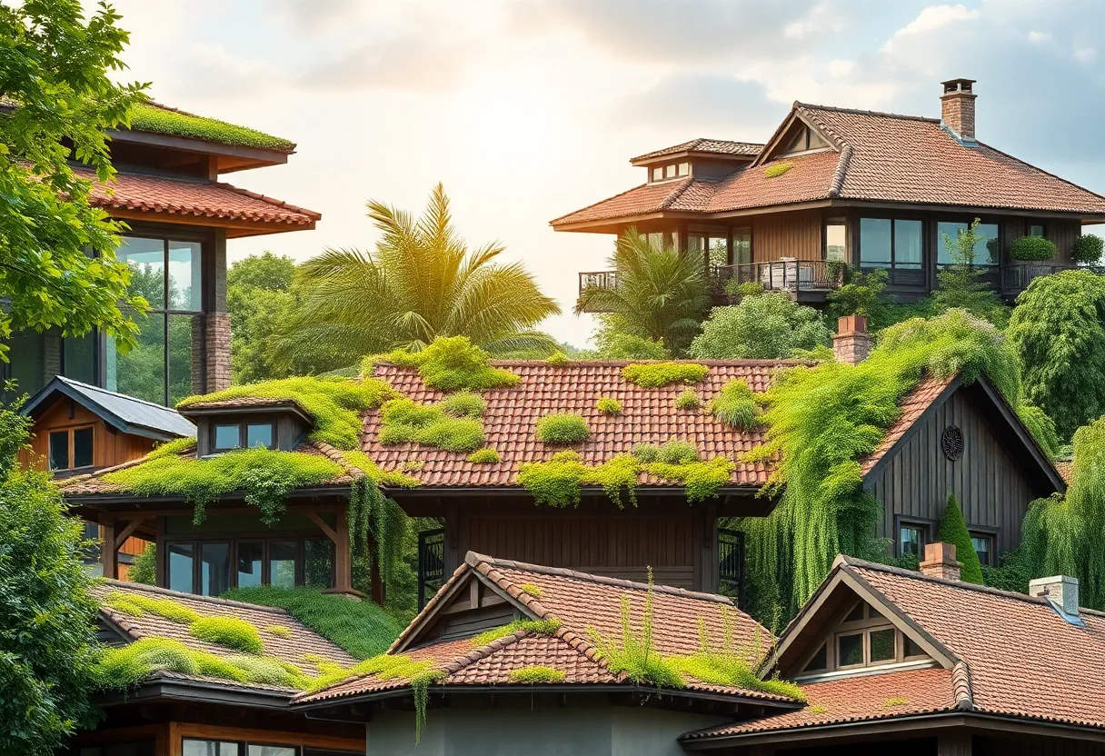A collection of sustainable roof designs showcasing a mix of traditional and modern materials.