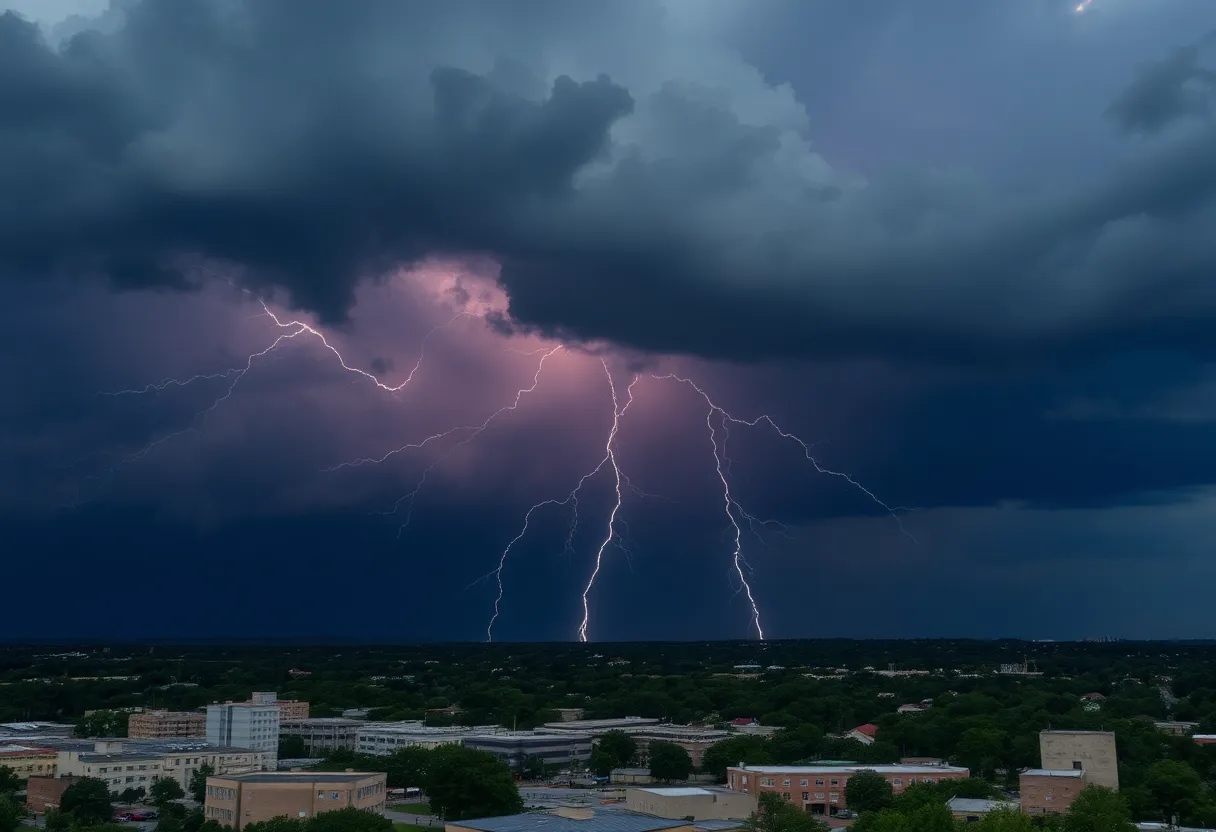 A strong thunderstorm with dark clouds and lightning over Columbia, SC