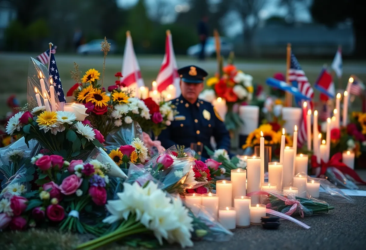 A memorial with flowers and candles for a fallen police officer.