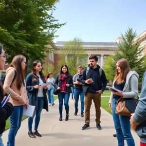 Clemson University campus with students engaging in discussions