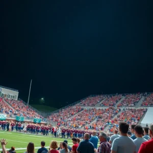 Football stadium filled with cheering fans at a high school game