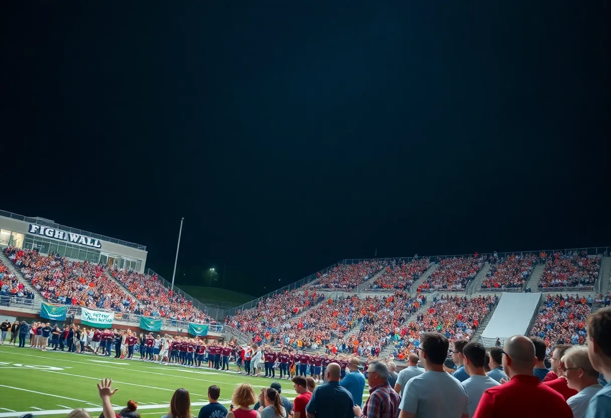 Football stadium filled with cheering fans at a high school game