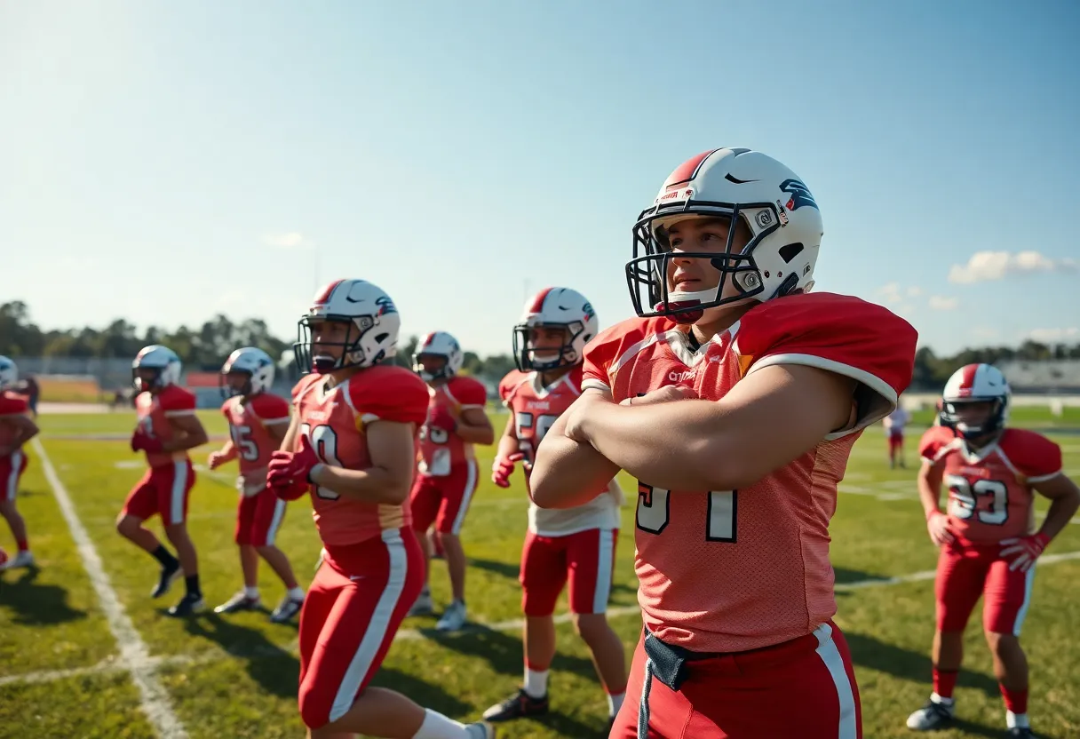 Columbia High School football team practicing on the field