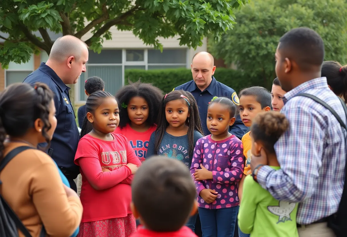 Community members discussing safety measures against child exploitation