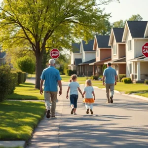 Family walking in a suburban neighborhood, promoting safety awareness