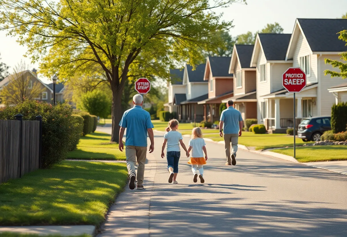 Family walking in a suburban neighborhood, promoting safety awareness