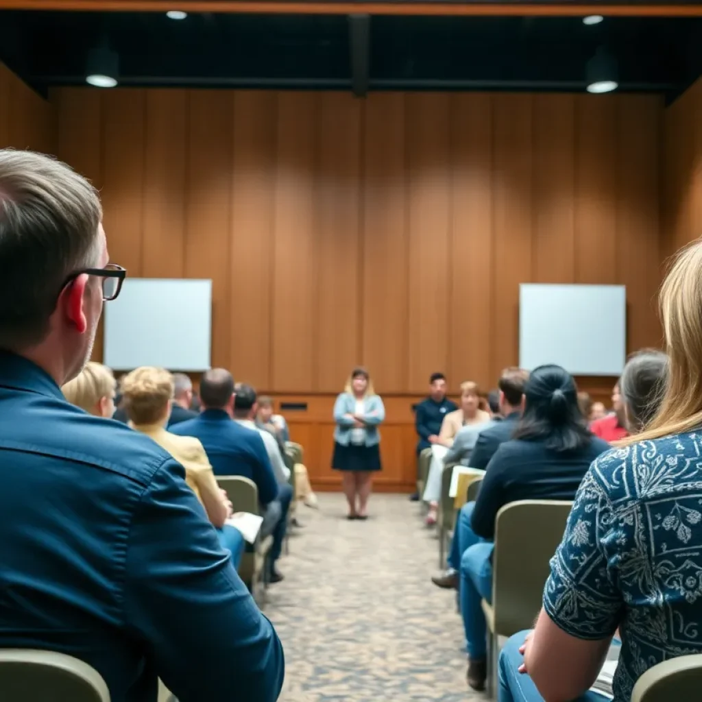 Community members discussing mental health awareness at a meeting.