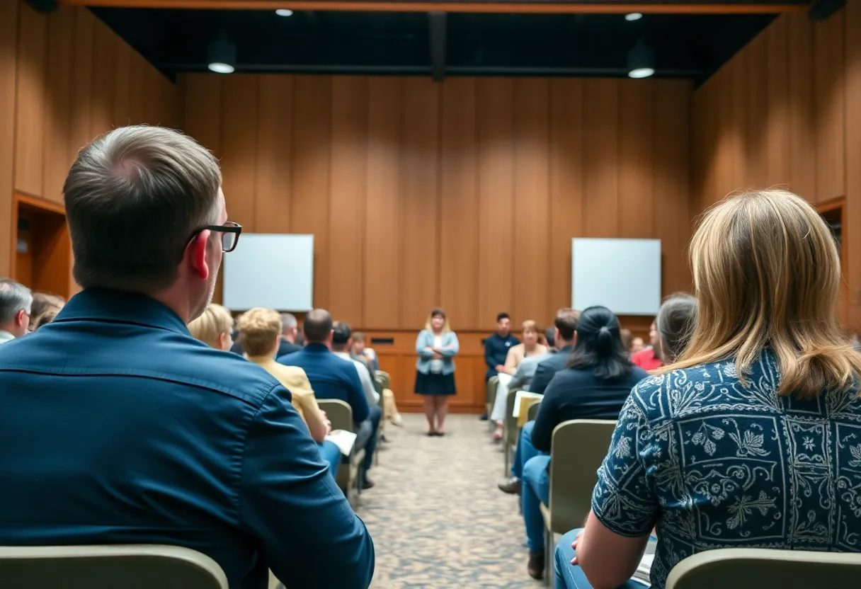 Community members discussing mental health awareness at a meeting.
