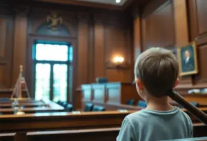 Courtroom scene emphasizing legal actions against child exploitation