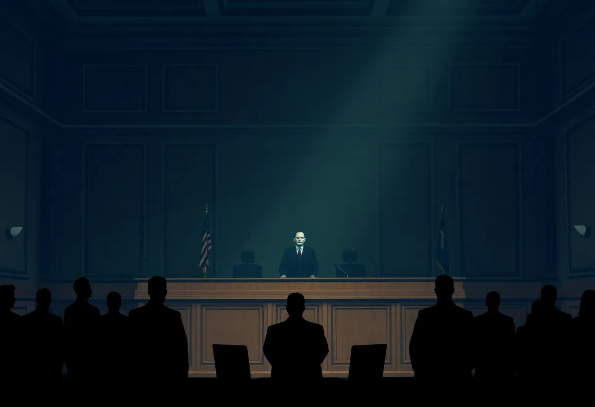 Silhouettes of judges and lawyers in a courtroom