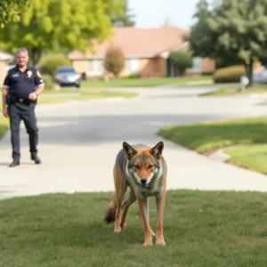 Deputy observing a coyote in a residential area