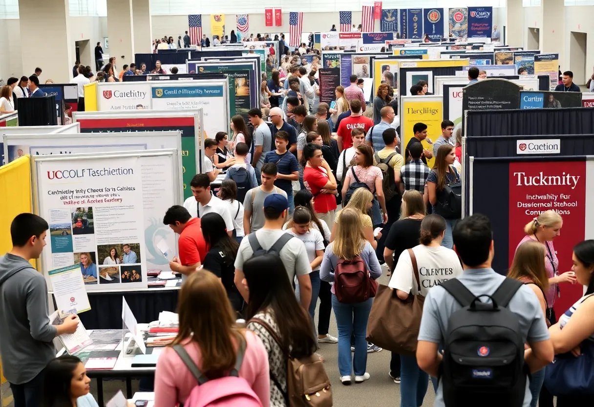 Students interacting with college recruiters at a fair