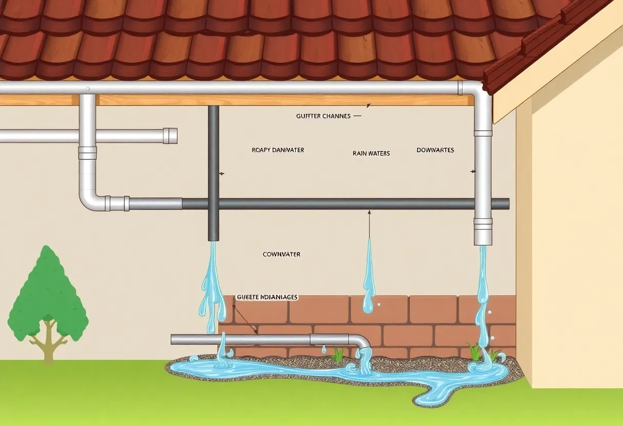 Diagram of a DIY roof drainage system with labeled components