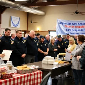 Gathering of community members honoring first responders with food and discussion.