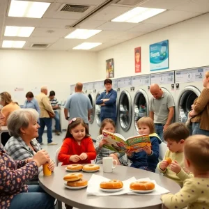 Community members enjoying Free Laundry Day with laundry machines in the background.