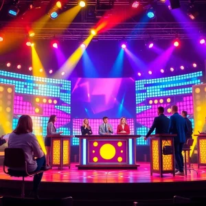 Contestants on a lively game show set during filming.