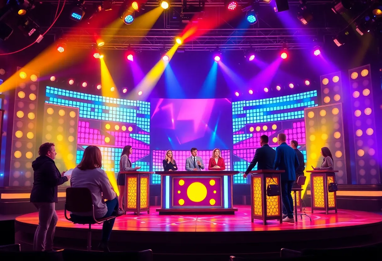 Contestants on a lively game show set during filming.
