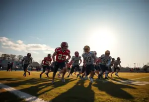 High school football players in action during a game