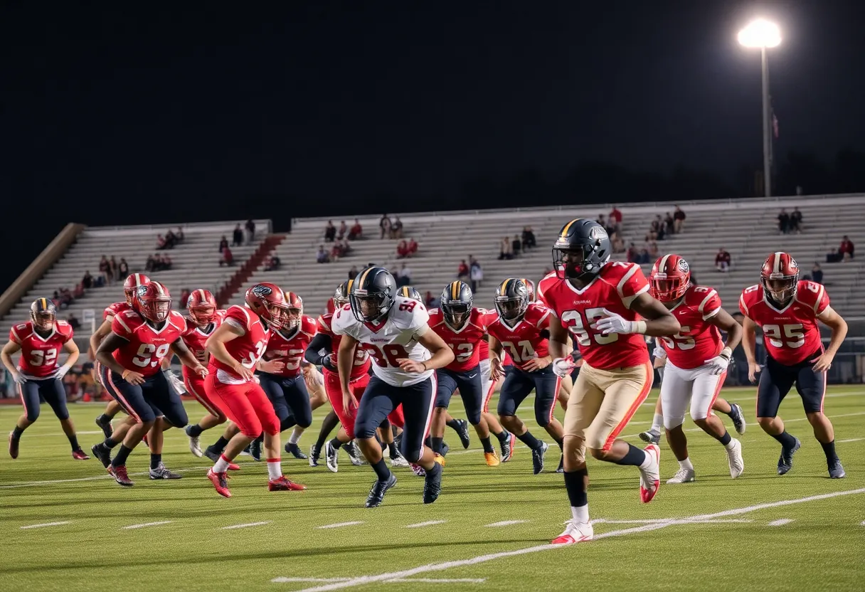 Irmo high school football players competing on the field during a game.
