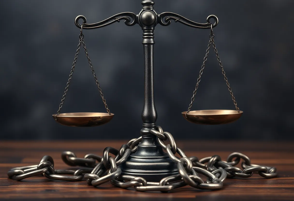 Abstract representation of justice with broken scales and chains.