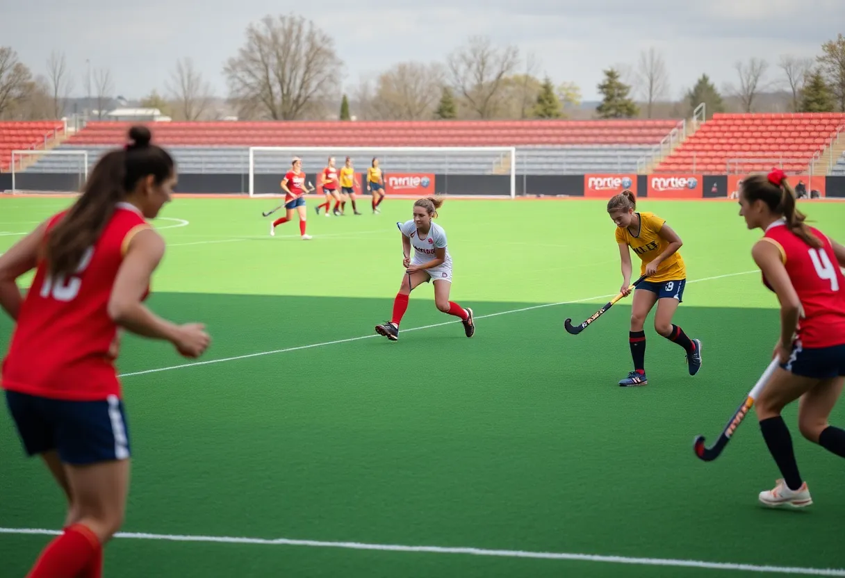 Teams practicing field hockey on a vibrant field with players in colorful uniforms.