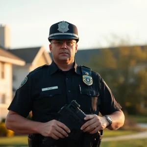 A police officer on patrol in a residential neighborhood