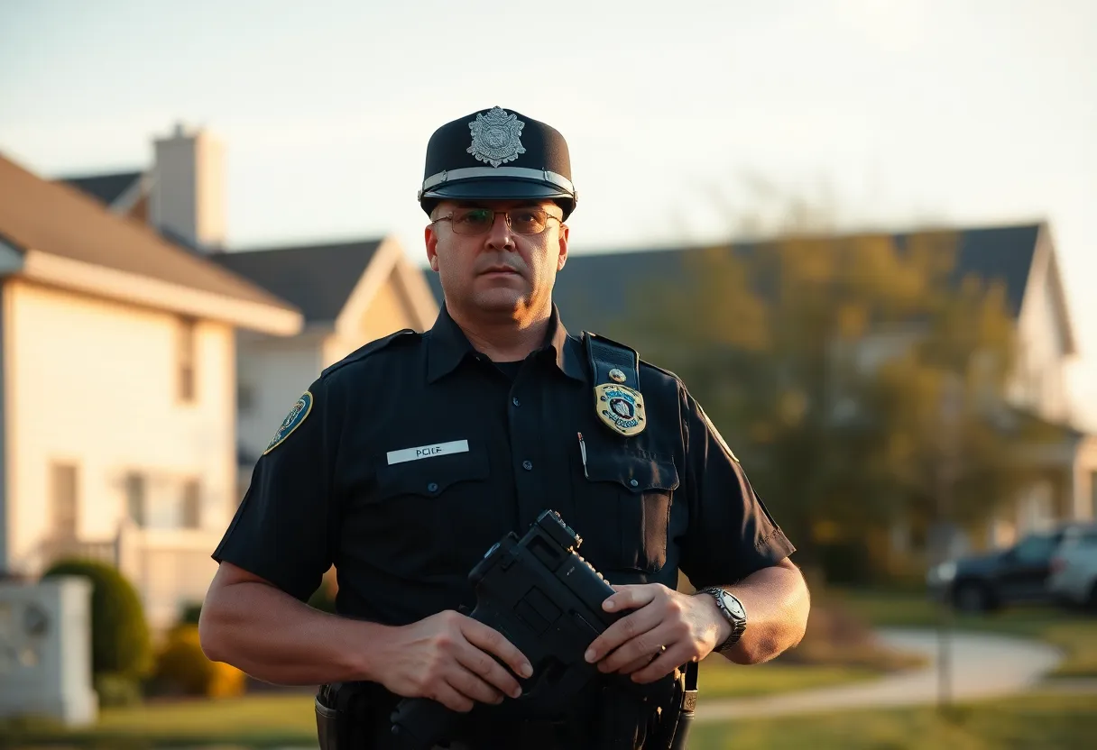 A police officer on patrol in a residential neighborhood