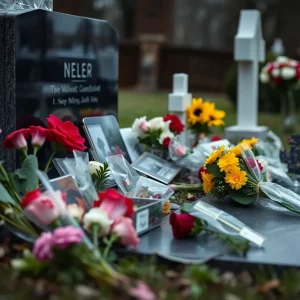 Memorial site with flowers and mementos for a victim of crime