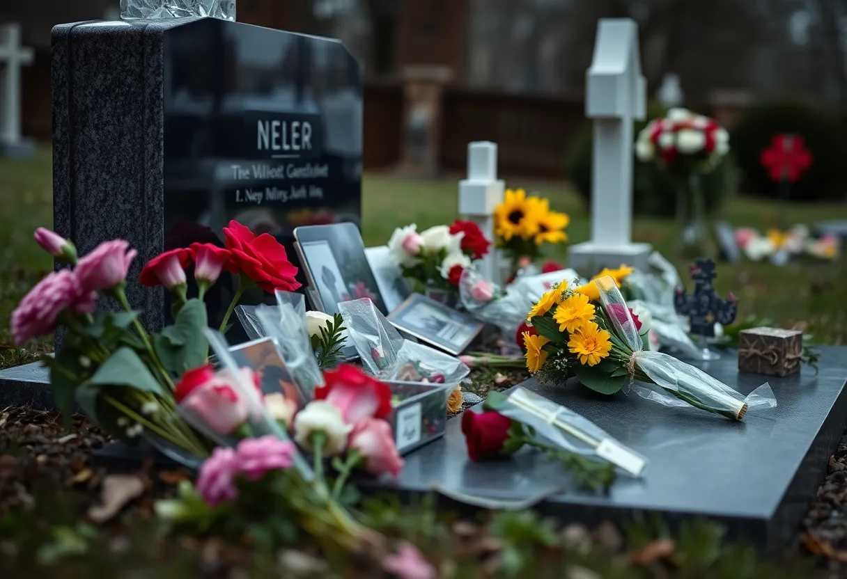 Memorial site with flowers and mementos for a victim of crime