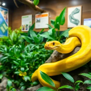 Yellow python named Nanners in its enclosure at the serpentarium.