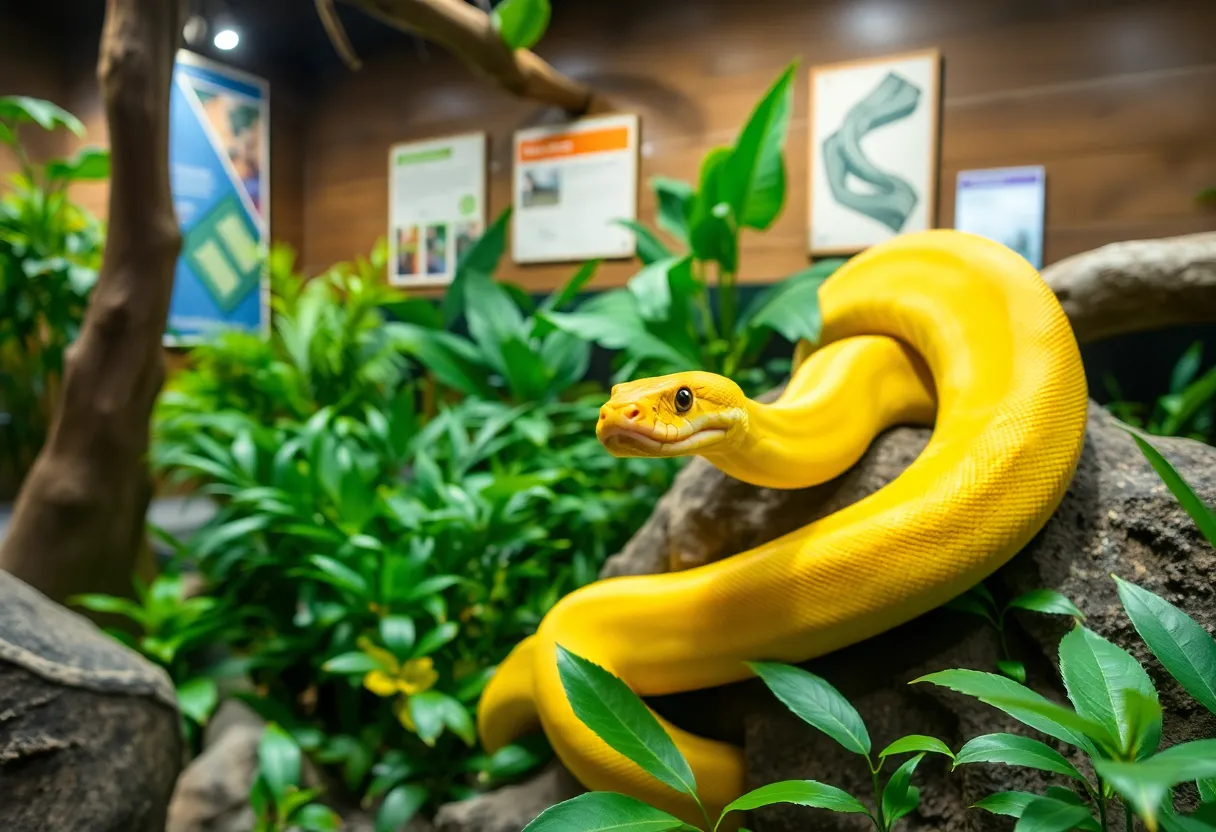 Yellow python named Nanners in its enclosure at the serpentarium.