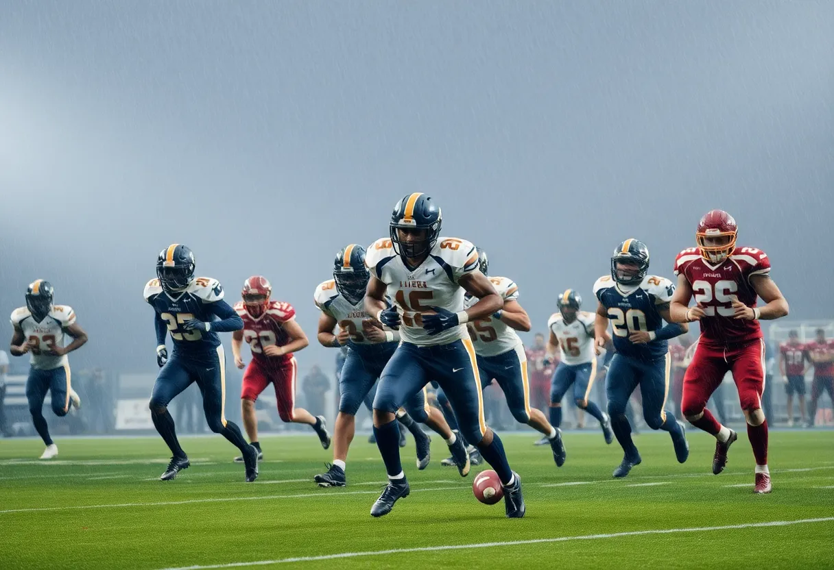 Action shot of Newberry Academy football players in a game against Laurens Academy.