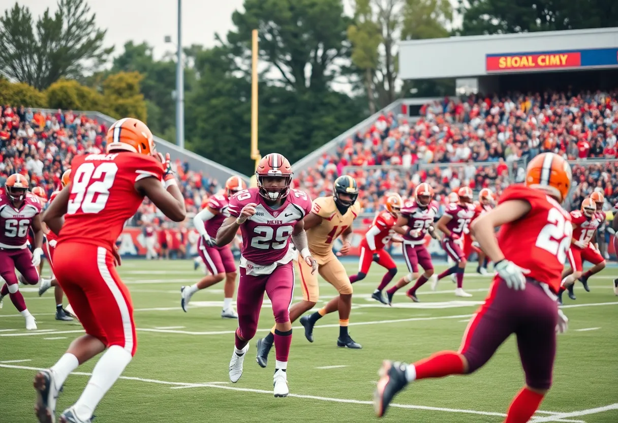 Newberry Bulldogs football team celebrating during the rivalry game against Mid-Carolina Rebels.