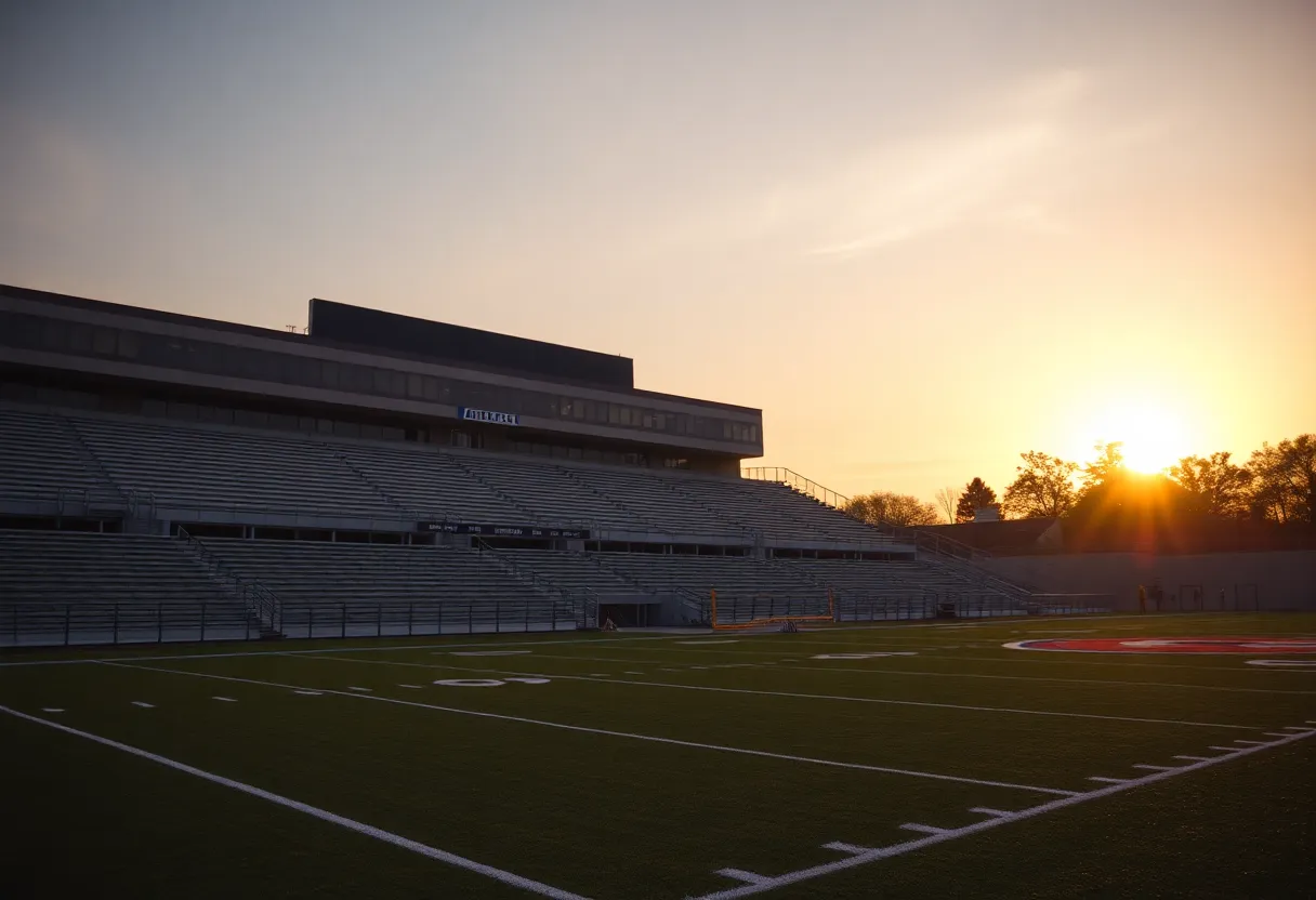 Empty football field at Newberry College during sunset