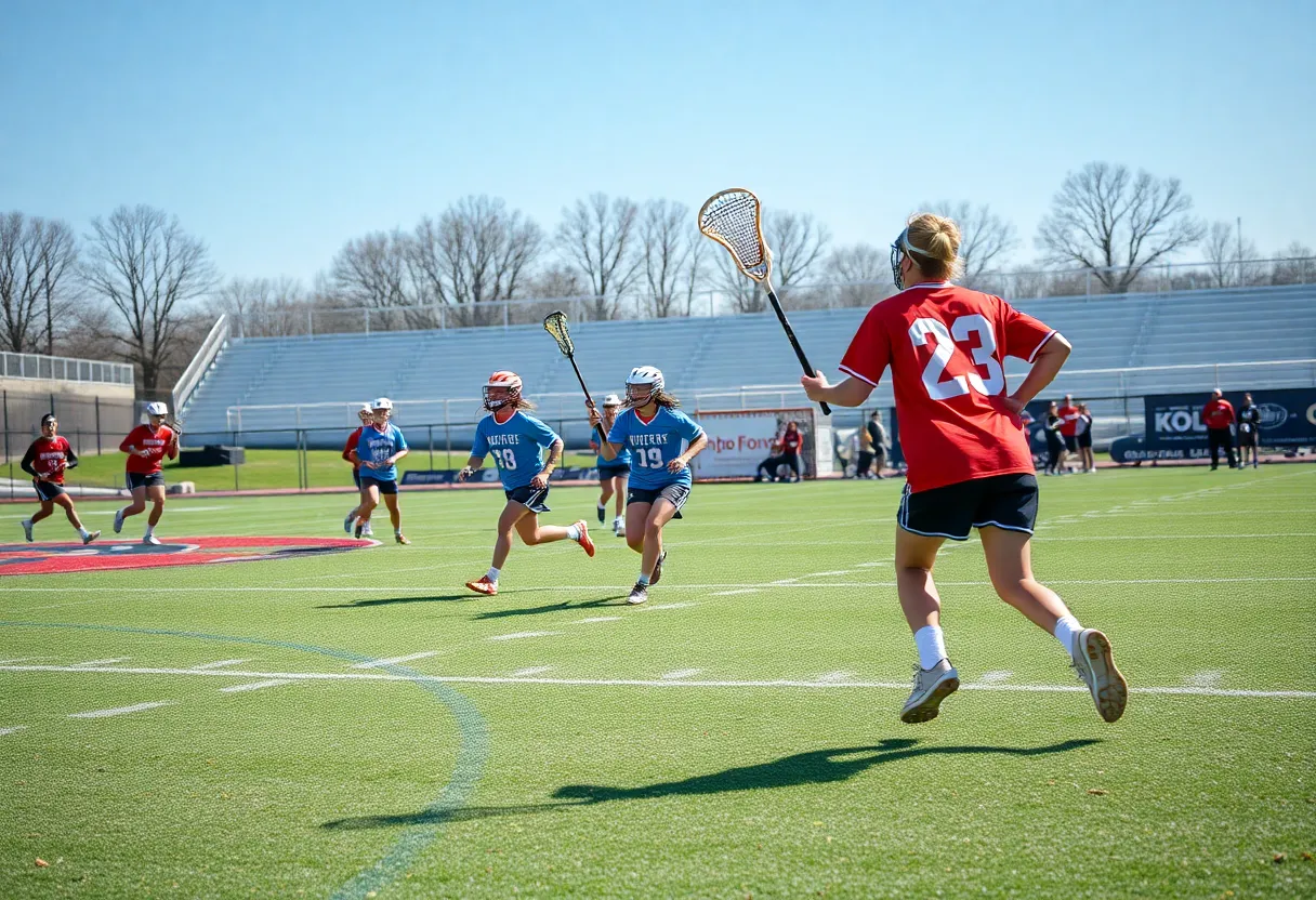 Lacrosse players from Newberry College in action during a game.