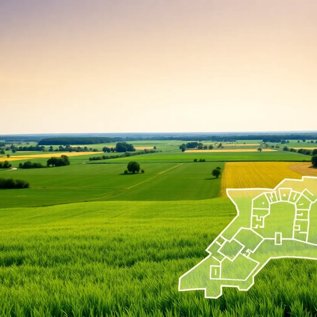 A serene landscape of farmland in Newberry County with open fields.