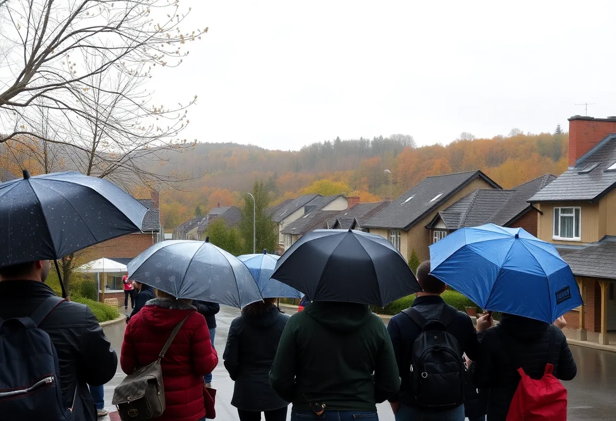 Residents of Newberry SC walking with umbrellas during rainy weather