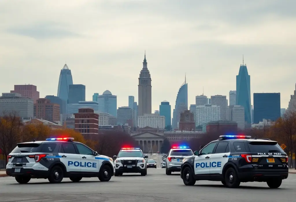 Philadelphia skyline with police vehicles representing law enforcement issues.
