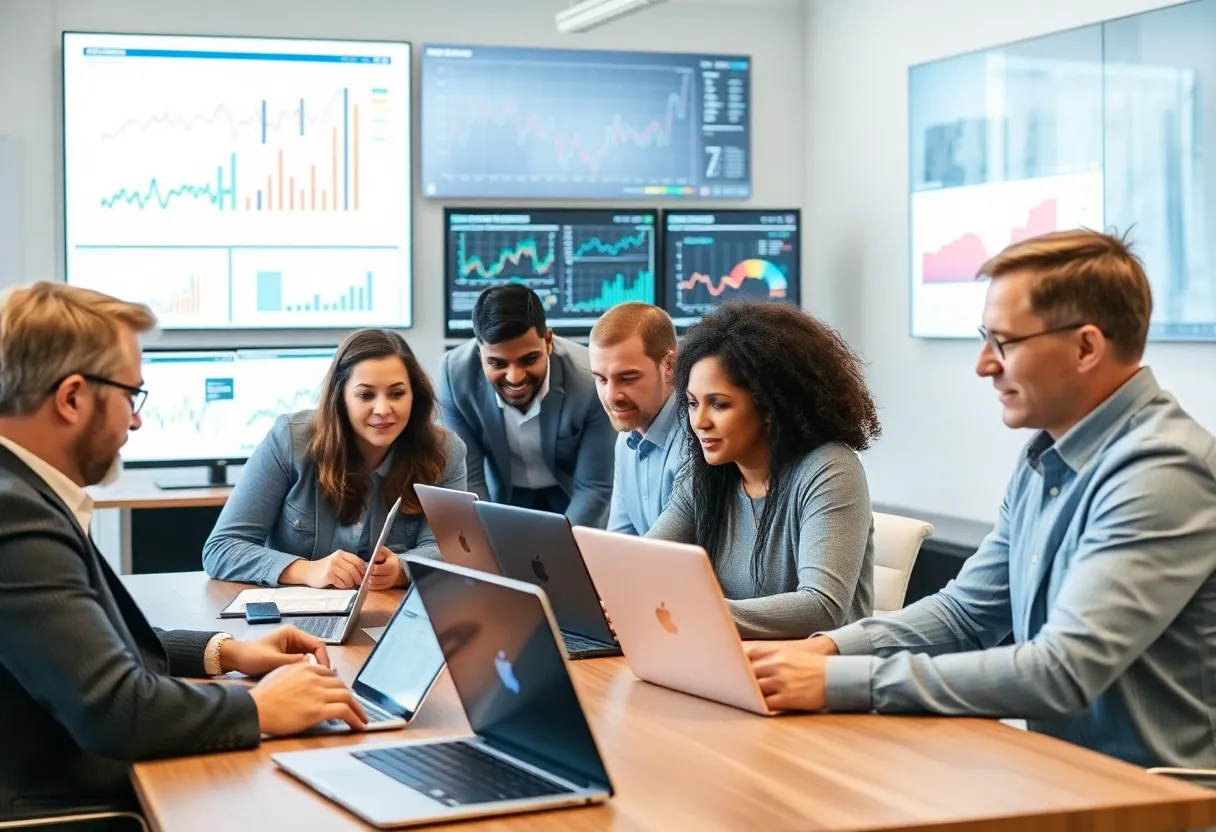 Team working together in an office analyzing predictive analytics data