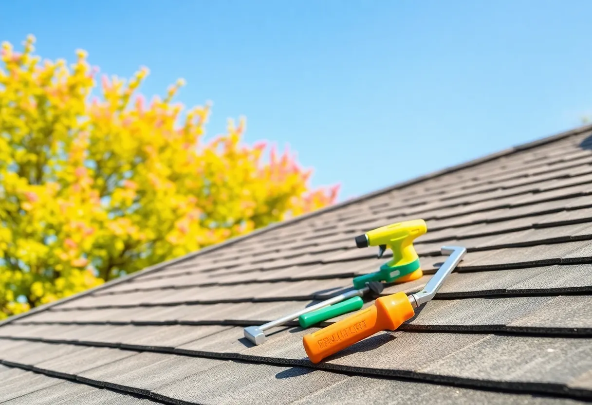 A house with a well-maintained roof surrounded by spring flowers and trees.