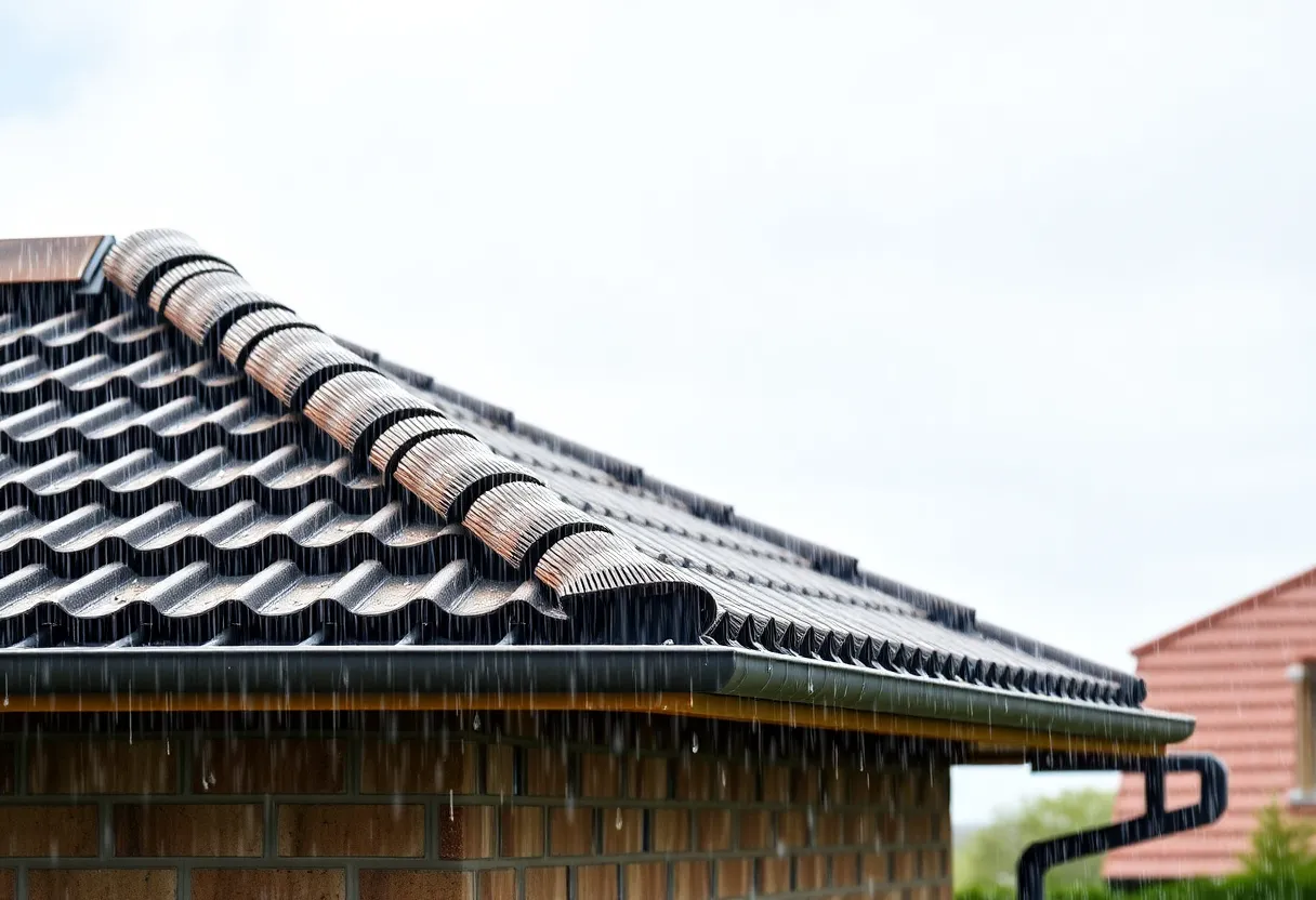 Homeowner inspecting roof condition during heavy rain.