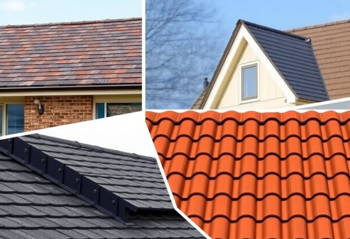 Collage of different roofing systems including asphalt shingles, metal roofing, and tiles.