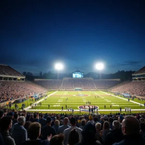 Night view of Setzler Field during a football game