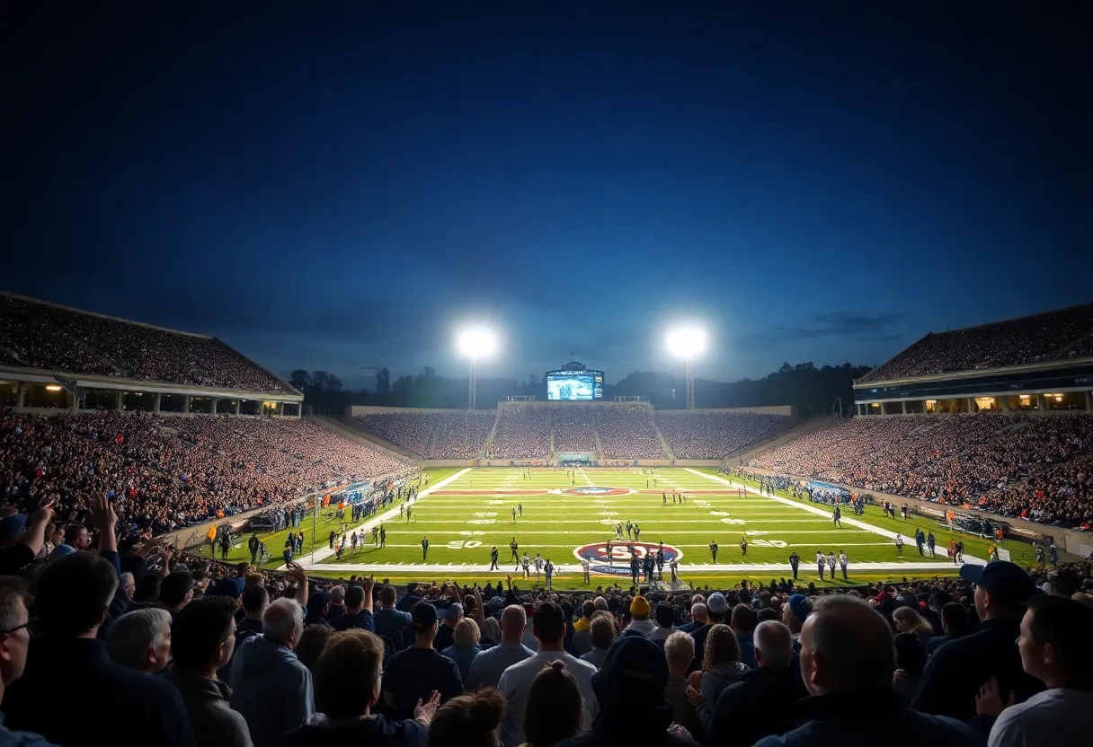 Night view of Setzler Field during a football game