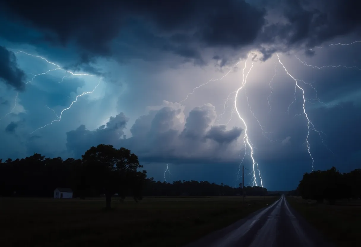 Dark storm clouds over a South Carolina landscape