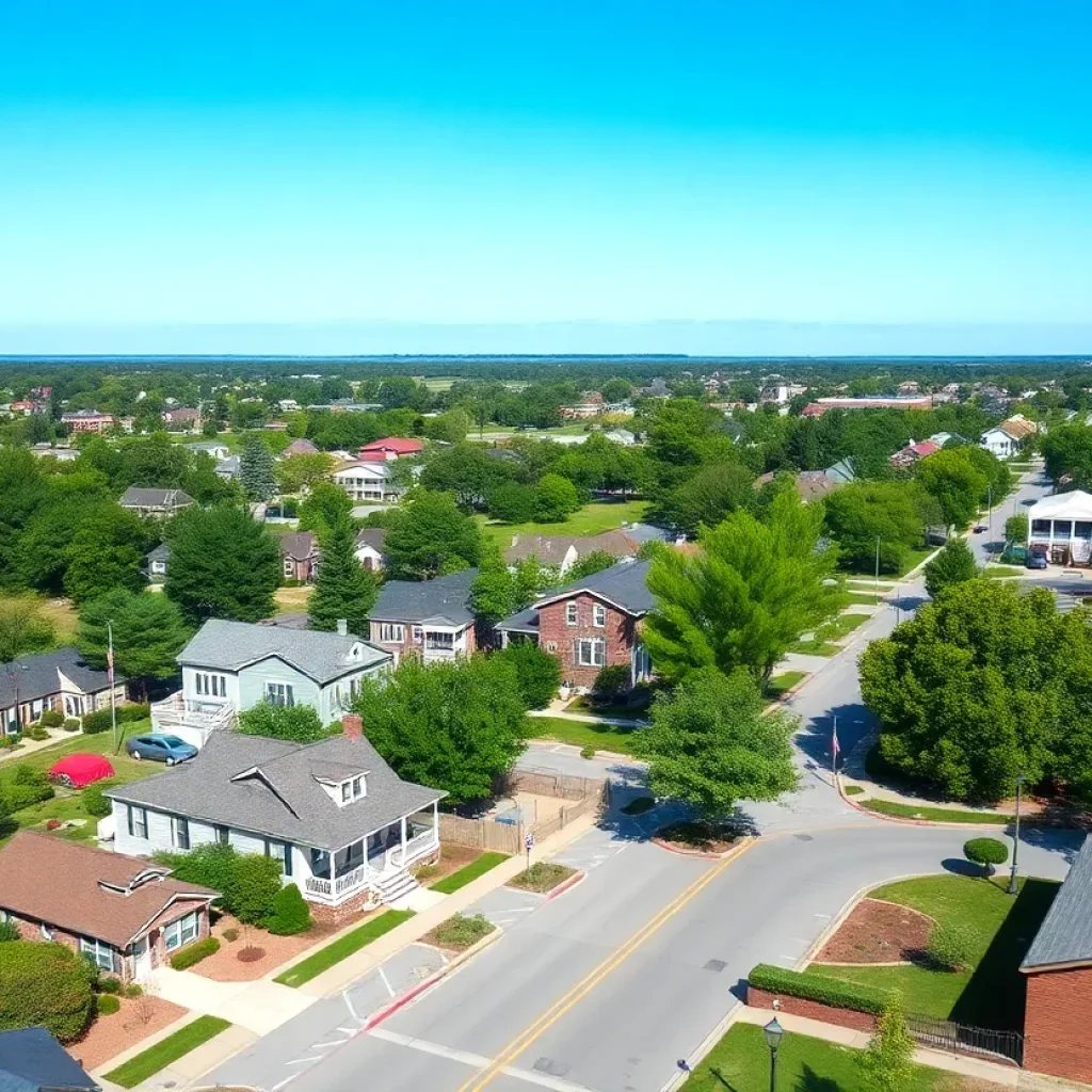Scenic view of a quaint small town in South Carolina with attractive homes and parks.