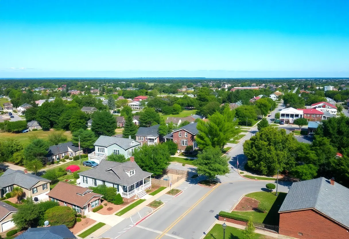 Scenic view of a quaint small town in South Carolina with attractive homes and parks.