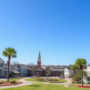 Scenic view of a small town in South Carolina with historic buildings and natural beauty.